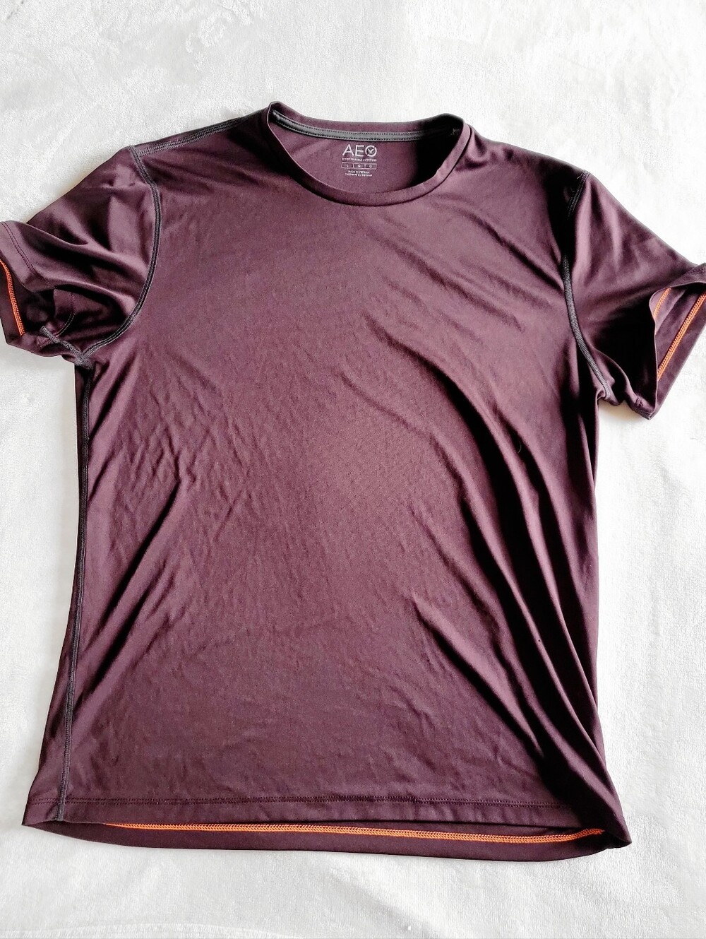 AEO American Eagle Mens Large Athletic T-Shirt, Burgundy & Orange Stitch